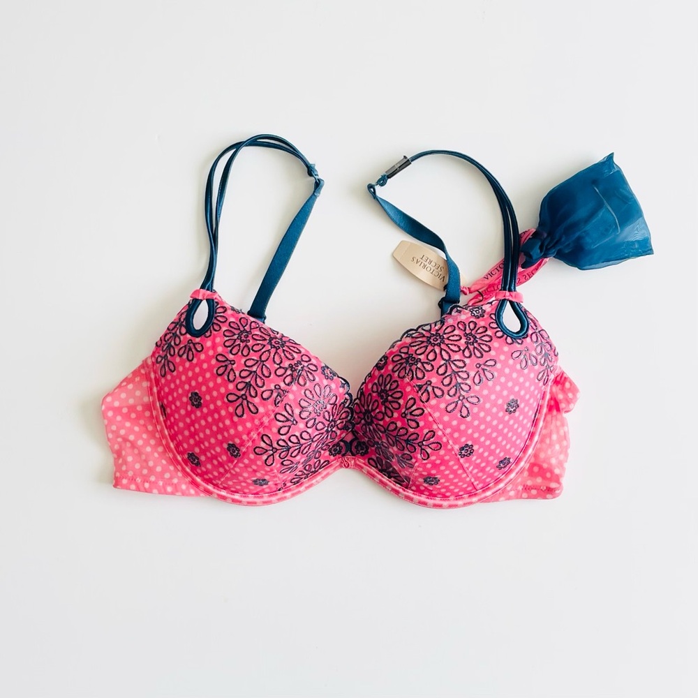 NWT Vintage Victoria’s Secret 36C pink polka dot embroidered pushup bra
